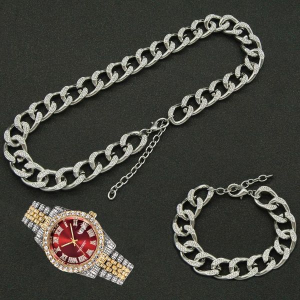 

chains 16mm hip hop 3pcs kit full iced out paved rhinestone choker miami adjustable cuban necklace+watch+bracelet for women jewelry, Silver