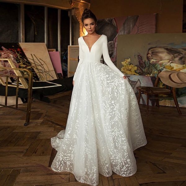 

berta 2021 long sleeves a-line beach bohemian wedding dress vintage v neck open back plus size boho satin bridal gown, White