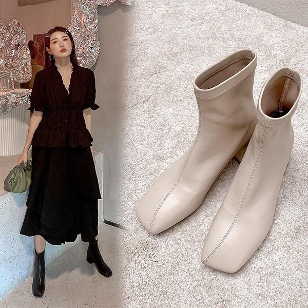 

dress shoes skinny 2021 spring and autumn fashion wild single boots thick with square head stretch female z962, Black