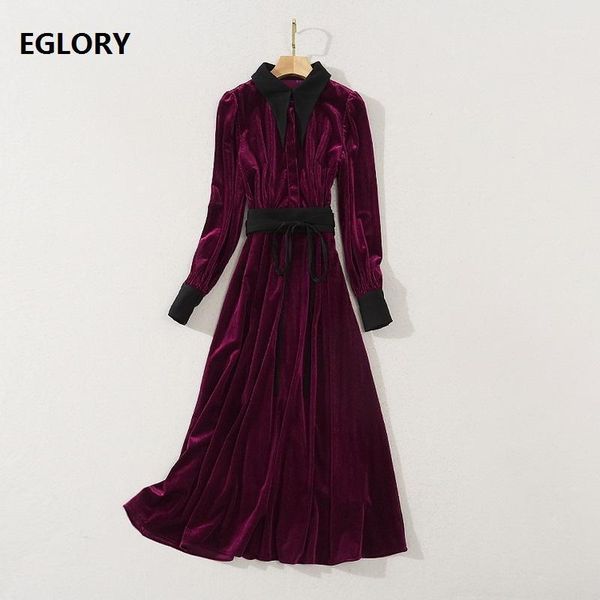 

casual dresses velvet dress 2021 autumn winter christmas party women turn-down collar black belt patchwork long sleeve, Black;gray