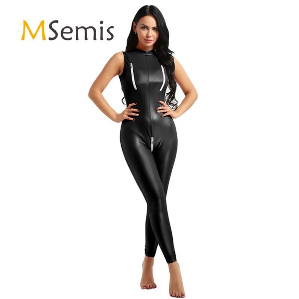 

women bodysuit one piece wetlook patent leather stand collar sleeveless zipper bust and crotch leotard bodysuit catsuit clubwear