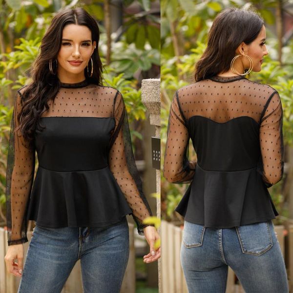 

women's blouses & shirts blouse polk dot sheer mesh patchwork tee long sleeve solid black ruffle peplum blusas pullover, White