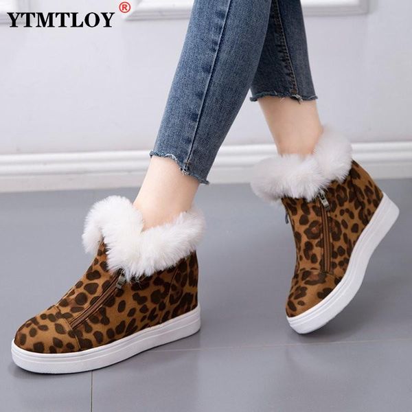 

boots women plus size 35-43 ankle snow comfortable winter warm casual zipper platform suede punk shoes woman leopord, Black