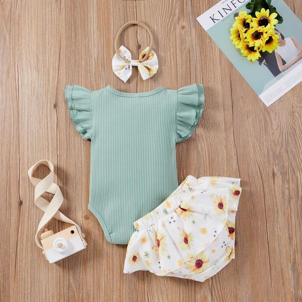 

clothing sets three piece baby girl clothes fashion solid color sleeve romper and flower shorts with headband, White