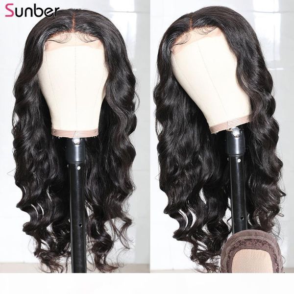 

new body wave fake scalp lace part human hair wig 150% density 4x1 hand tied pre-plucked peruvian lace wig sunber, Black;brown
