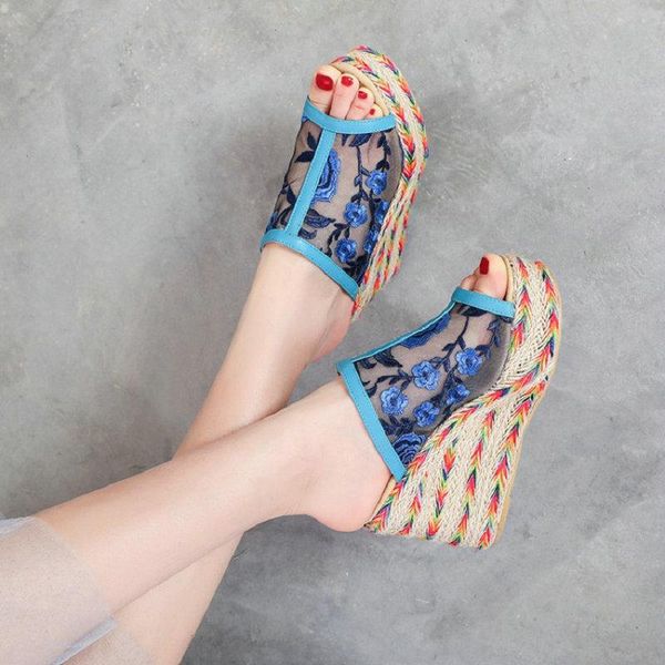 

dress shoes zawsthia big size 46 47 bohemian ethnic woman's summer slides embroidery floral platform wedges high heels mules women sand, Black