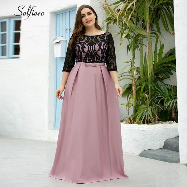 

elegant dresses a-line o-neck empire bow lace contrast color woman's dresses evening formal party gowns plus size robe 210309, Black;gray