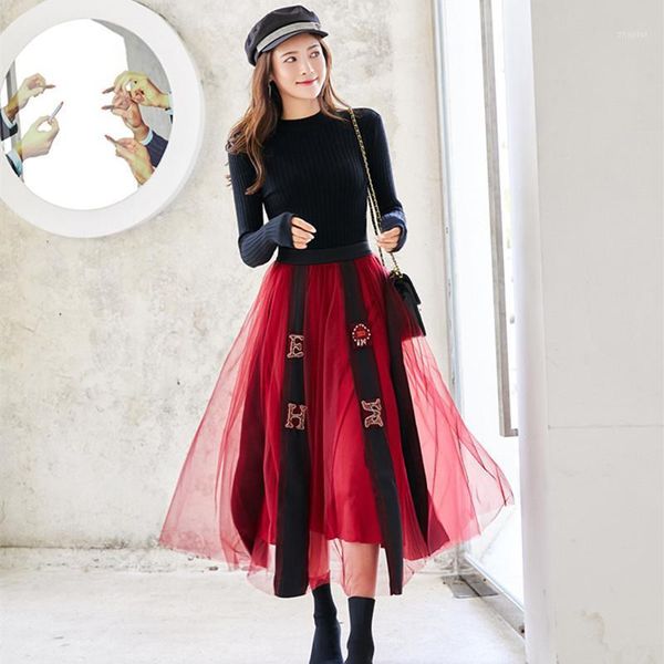 

two piece dress runway women knitted sweater 2 pieces set long sleeves pullover + fashion mesh nail bead a-line skirt, White