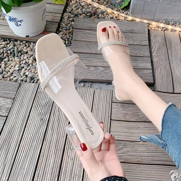 

dress shoes designer summer beach women transparent roman sandals brand girls rhinestones thick med heels ladies casual mules, Black
