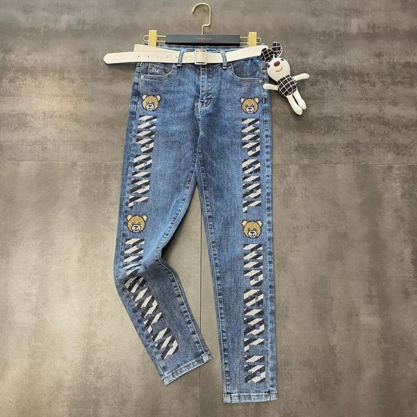 

women's jeans 2021 spring bear rhinestone pendant decoration stretch straight leg pants female tide, Blue