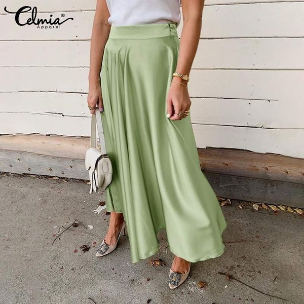 

skirts women elegant ol 2021 celmia summer high waist female satin party skirt casual loose a-line streetwear bottoms, Black