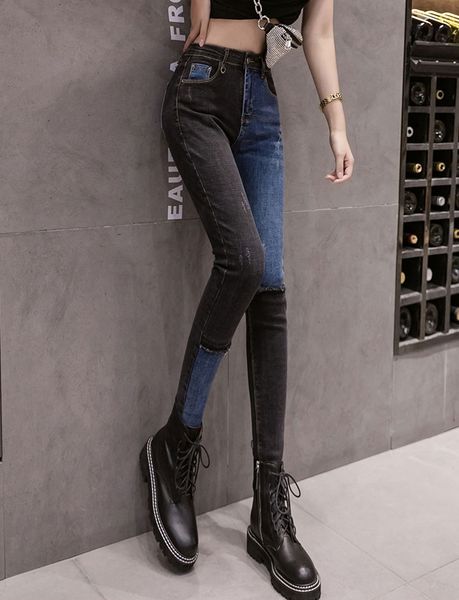 

2021 new spring autumn boyfriend jeans women fashion patchwork high waist stretchy ropa mujer cotton silm pencil ninth pants b05920 9y8z, Blue