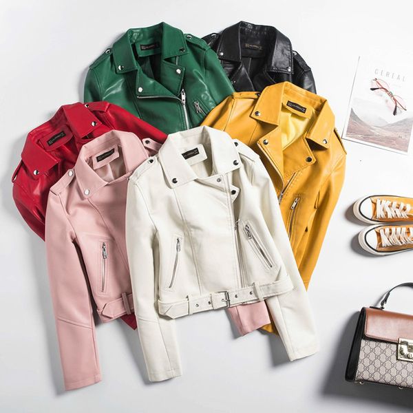 

2021 new women streetwear jacket autumn turn-down collar faux leather coat ladies with belt motorcycle biker pvc jackets a3ew, Black
