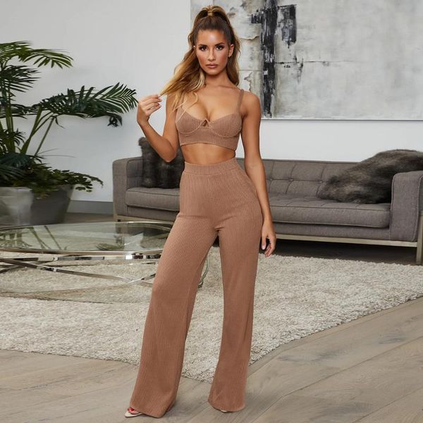 

women's tracksuits ahvit solid color sleeveless summer women two piece set hollow out crop and wide leg pants de-s6975t, Gray