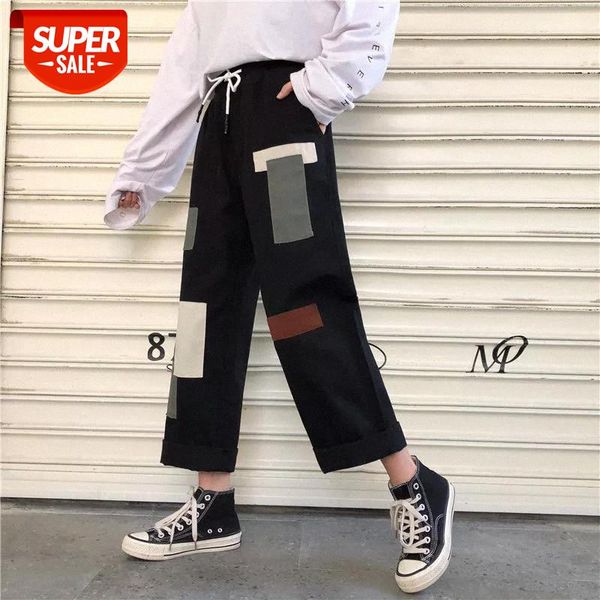 

personality cargo pants high waist patchwork color overalls straight wide leg long pants causal loose streetwear trousers #uw52, Black;white