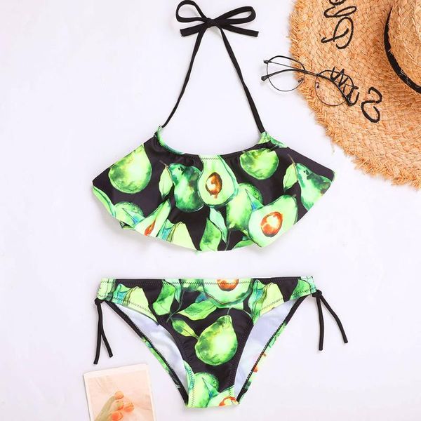 

one-piece suits flounce girl swimsuit kids avocado print bikini set 7-14 years two piece children's swimwear halter girls bathing