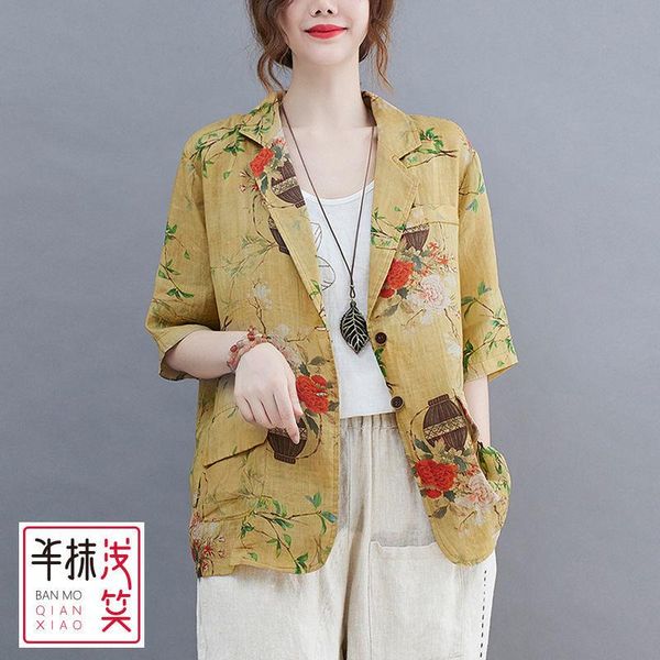 

women's suits & blazers 2021 arrival summer arts style women casual short sleeve single breasted notched neck print cotton linen coat p, White;black