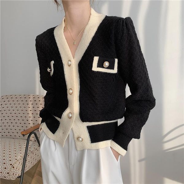

women's knits & tees women knitted sweater cardigan v-neck black beige chic elegant autumn spring pearl button, White
