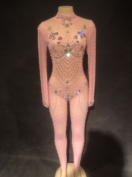 

women stage pink color jumpsuit pink glass sparkling crystals bodysuit nightclub party stage wear performance costumes, Black;red