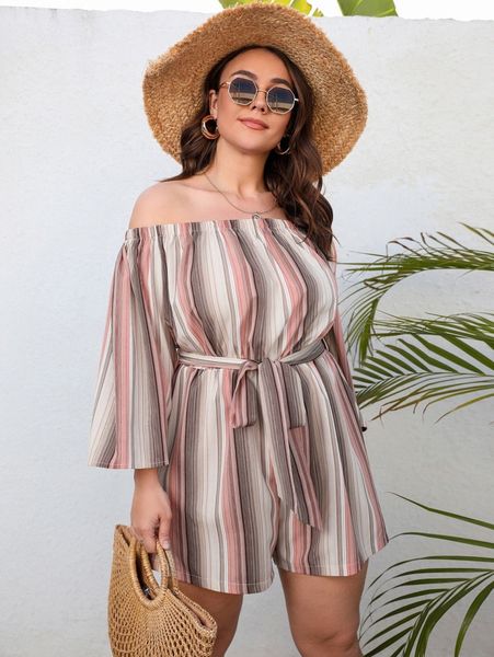 

plus colorful striped off shoulder trumpet sleeve belted romper c72y#, Black
