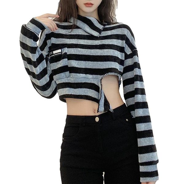 

women's t-shirt women knitting short cropped fall party casual holiday high-neck hollow-out pocket striped clothes, White
