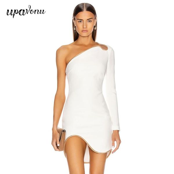 

casual dresses 2021 chic bandage dress women one shoulder long sleeve white bodycon celebrity runway party club, Black;gray