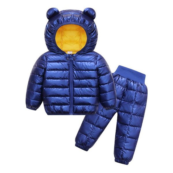 

clothing sets 1 2 3 4 years winter keeping warm down boys set thick cartoon bear colorful hooded jacket + pants 2pcs suit for kids, White
