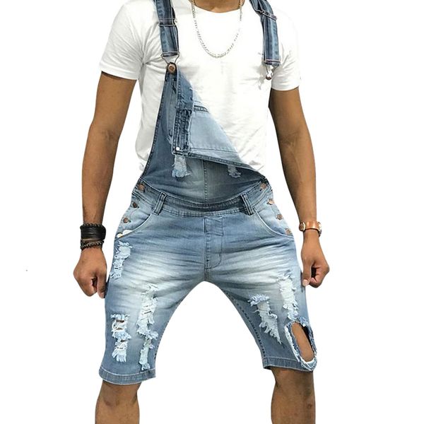 

adjutant men ripped printed pocket jeans overall jumpsuit streetwear troubled denim bib overalls man jarretel broek, Blue