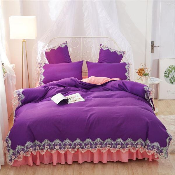 

wedding purple lace bedding sets full  king duvet cover princess girls bed skirt korean bedclothes beautiful quilt cover