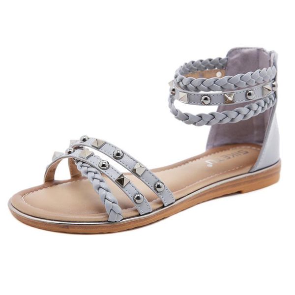 

slippers 2021 women ethnic style sandals female rivet woven large size flat retro roman, Black