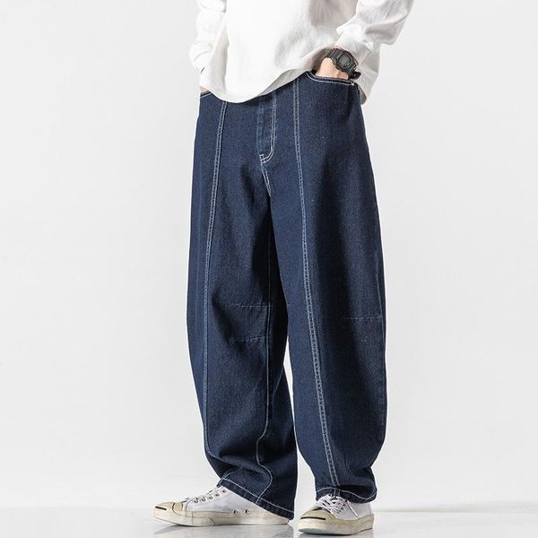 

2021 spring autumn spliced casual denim jeans men straight solid color pockets loose cowboy trousers male outwear fashion, Blue