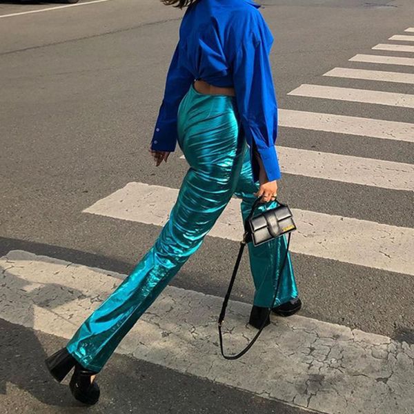 

women's pants & capris hirigin party club autumn 2021 solid low waist pu material straight female sweet streetwears, Black;white