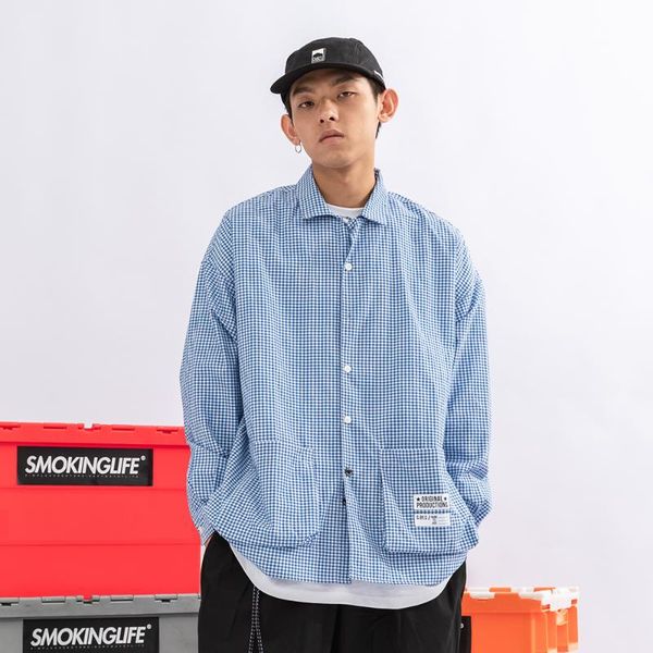 

men's casual shirts small plaid long sleeved shirt mens autumn lapel loose simple pocket men, White;black
