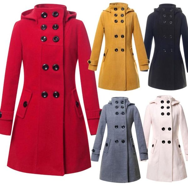 

women's wool & blends 2021 autumn winter women slim coats fashion hooded thick warm long sleeve faux button jackets female girls oversi, Black