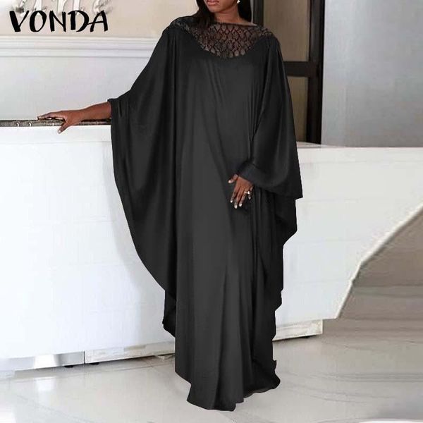 

casual dresses vonda women dress ladies spring loose holiday kaftan robe bohemian vestidos long sleeve lace patchwork sundress oversized, Black;gray