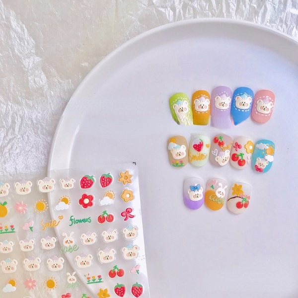 

2021 cute cartoon animals nail art stickers japanese 3d 5d thin nail sticker embossed rabbit bear flower diy nail art design, Black