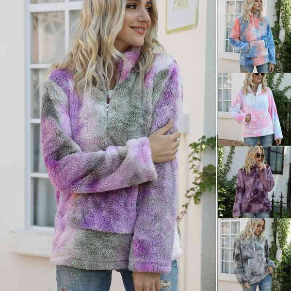 

new women's tie dyed zipper collar pocket long sleeve plush sweater in autumn and winter of 2021, Black