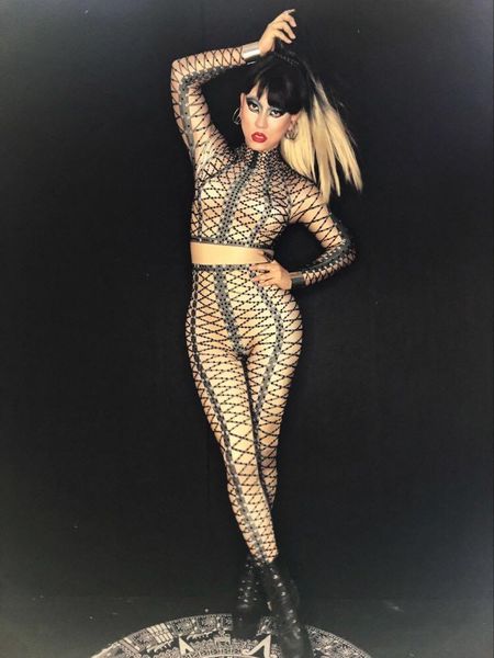 

women's jumpsuits & rompers glisten crystals costume outfit black stones gird bandage bodysuit celebrate wear, Black;white