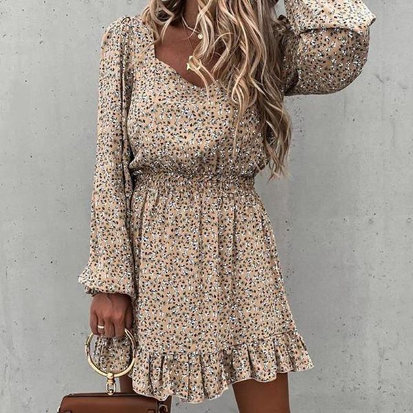 

casual dresses women autumn long puff sleeve square neck floral print ruffle a-line mini dress 2021, Black;gray