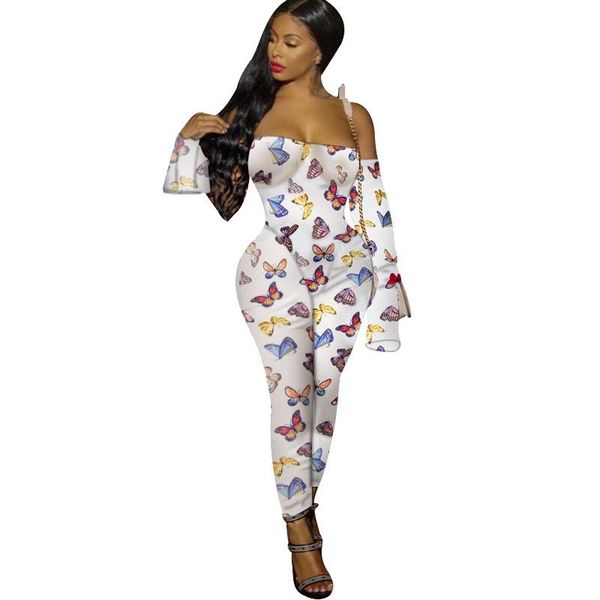 

women's jumpsuits & rompers women jumpsuit romper party long sleeve butterfly print off shoulder skinny bodycon club overalls, Black;white