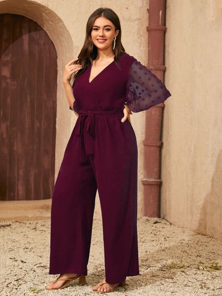 

plus swiss dot butterfly sleeve wide leg belted jumpsuit 92ke#, Black
