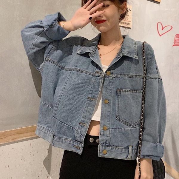 

[ewq] 2021 spring autumn short slant pocket design denim jacket korea turn-down collar plus size light blue coat qx1791, Black;brown