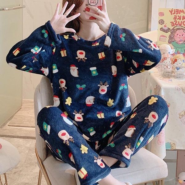 

finetoo winter pajamas set women sleepwear warm flannel long sleeves pajamas pink cute cartoon homewear thick home suit girls, Black;red