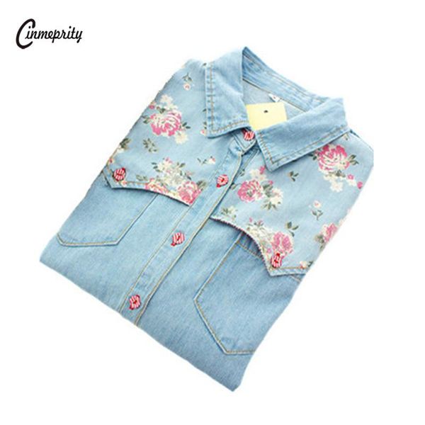

women's blouses & shirts cinmeprity autumn 2021 floral denim shirt plus size long sleeve women blouse 4xl casual blusas feminina, White