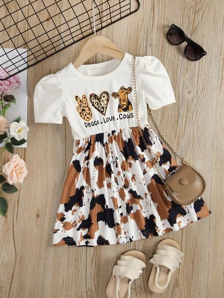 

toddler girls letter & heart print puff sleeve dress she, Red;yellow