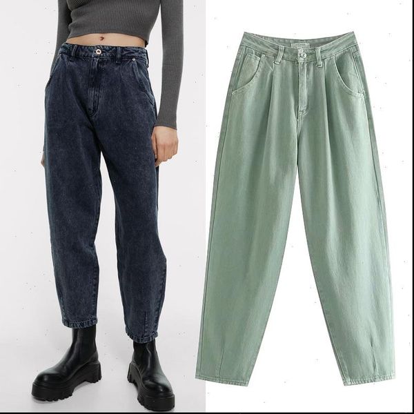 

spring 2021 fashion womens loose high waist harem denim trousers, pleated old jeans, baggy jeans, classic ladies casual jeans, Black;white