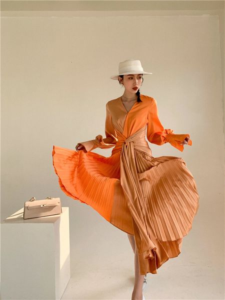 

new orange pleated 2021 flare v neck wrap long sleeve tunic lace up ladies fashion desinger fr5c, Black;gray