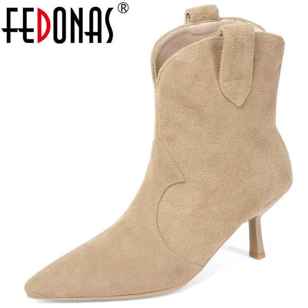 Spitze Zehen Winter Stiefeletten Herbst Wildleder Leder High Heels für Mädchen Büro Dame Freizeitschuhe Frau 210528