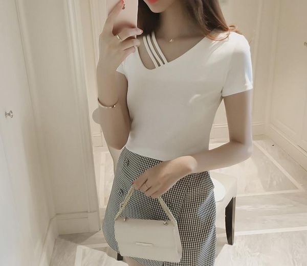 

women's t-shirt 2021 summer women solid color v-neck slim short sleeve 42b112, White