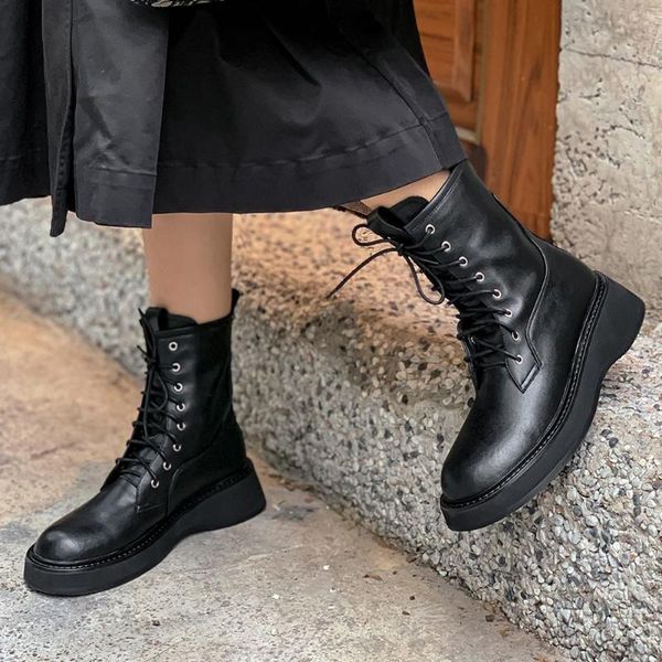 

boots high-quality motorcycles shoelaces comfortable for walking genuine leather winter fall shoes women, Black